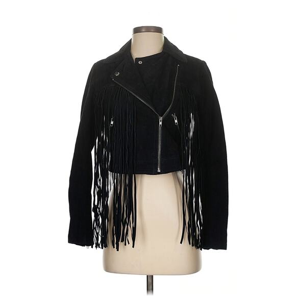 Urban Outfitters Black Genuine Leather Fringe Western Cropped Jacket XS - Picture 1 of 3